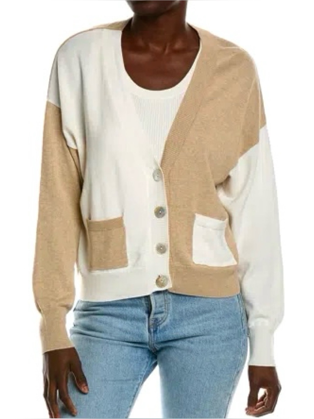 NWT WISPR by Brodie Half & Half Colorblock Tan Cream Cardigan Sweater Medium